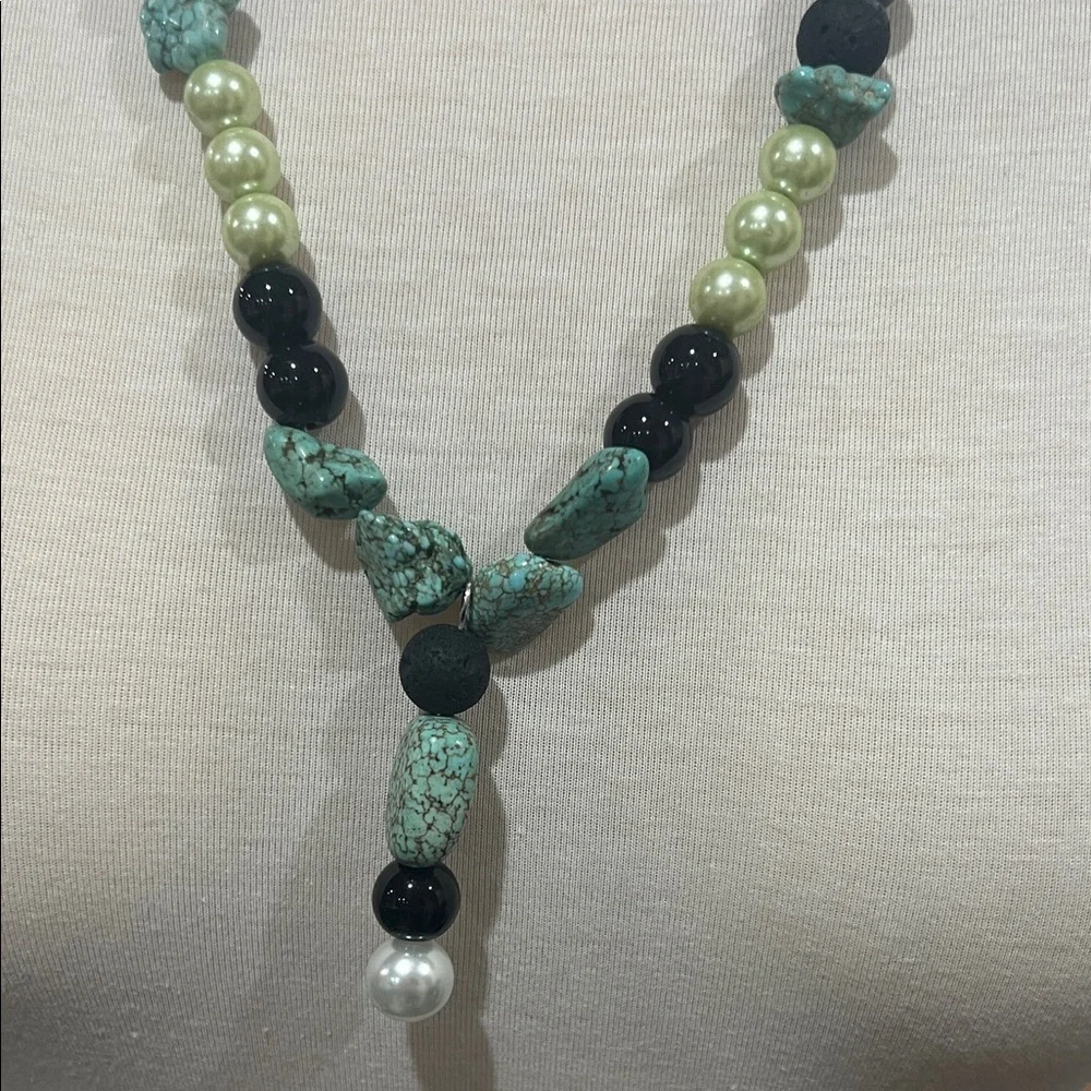 22in Artisan Turquoise and Black Hematite Obsidian Beaded Necklace
